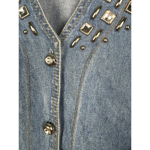 Vintage 80s Western Denim Cropped Jacket Studded Rhinestone Frayed Large - Picture 3 of 9